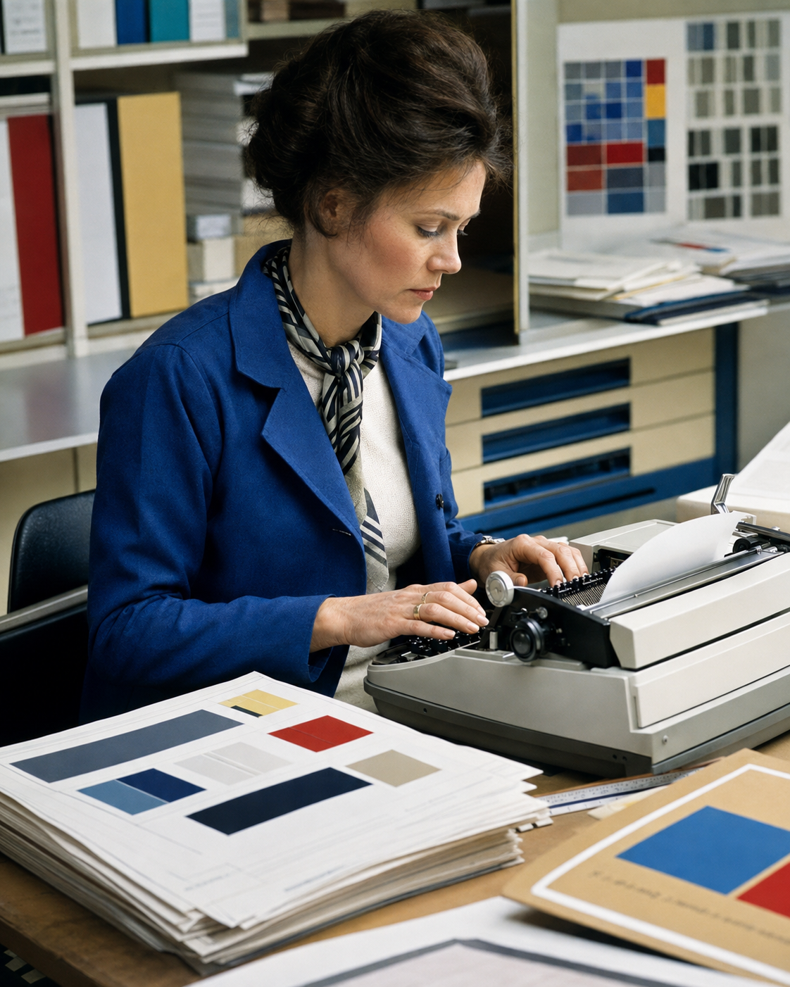 Eine Redakteurin arbeitet konzentriert an einer Schreibmaschine.